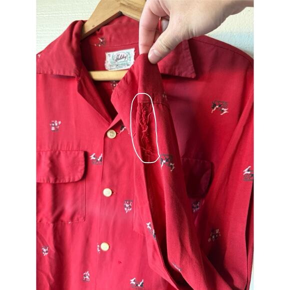 VTG 1940s/50s Holiday Sportswear Red Pilgrim Print Button Up Shirt Size Small - Picture 9 of 9